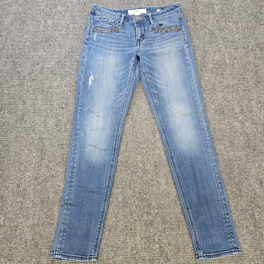 LOGG Jeans Womens 28 Blue Slim Straight Studded Embellished Distressed